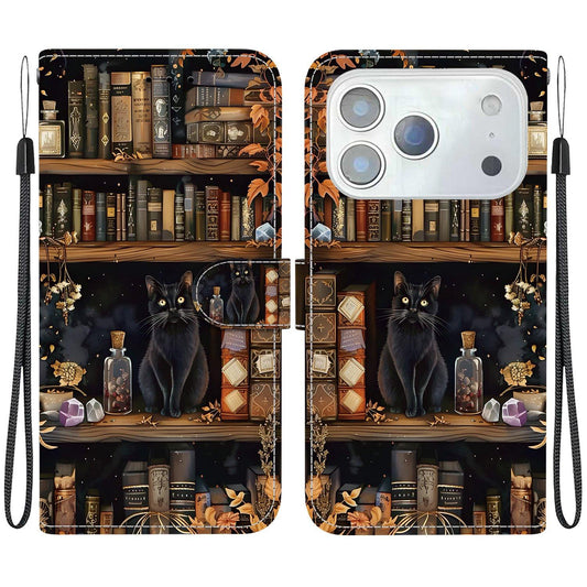 Compatible with iPhone 18 Pro Max Crystal-Texture Painted Vegan Leather Phone Case - Bookstore Black Cat