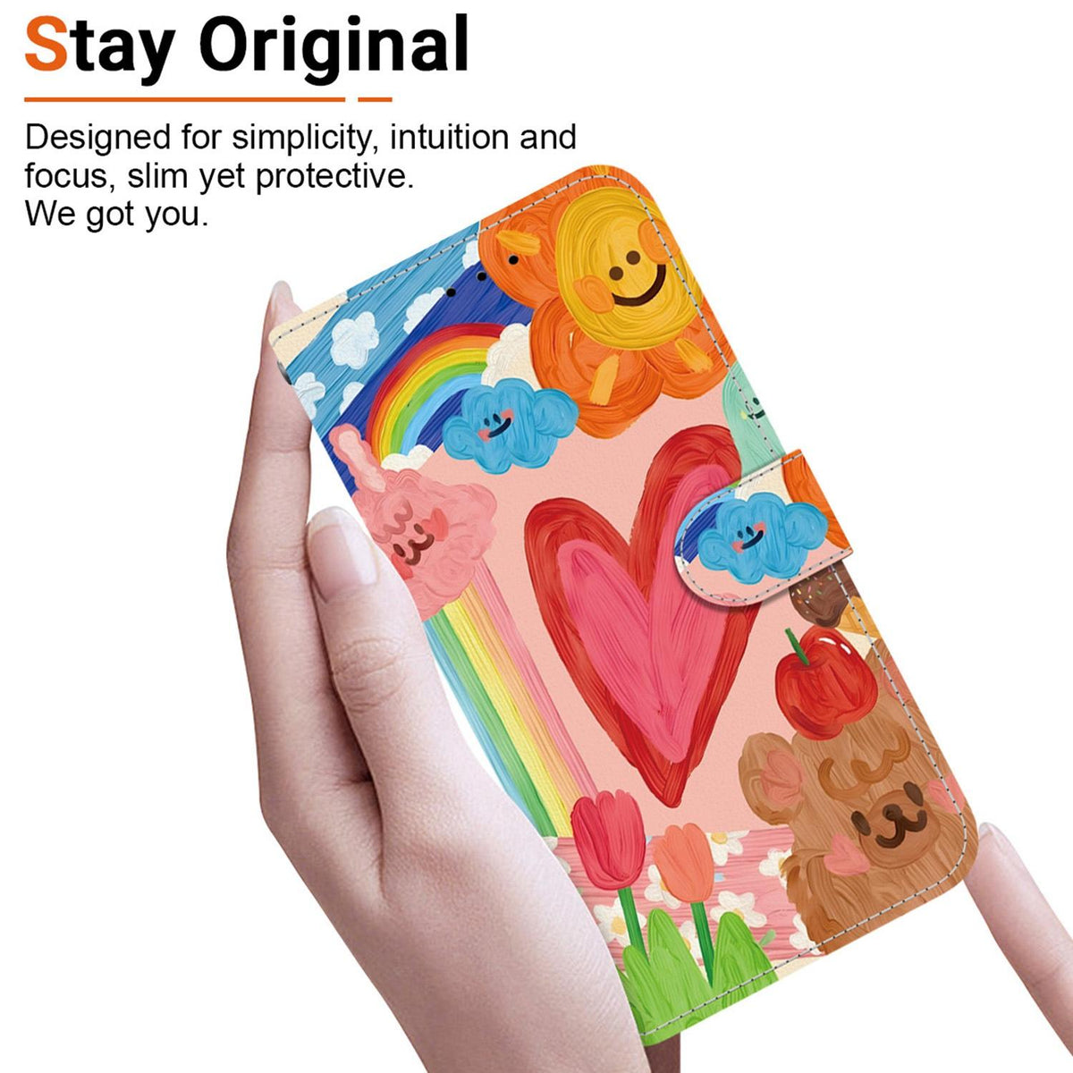 Compatible with iPhone 18 Pro Max Crystal-Texture Painted Vegan Leather Phone Case - Rainbow Sweetheart