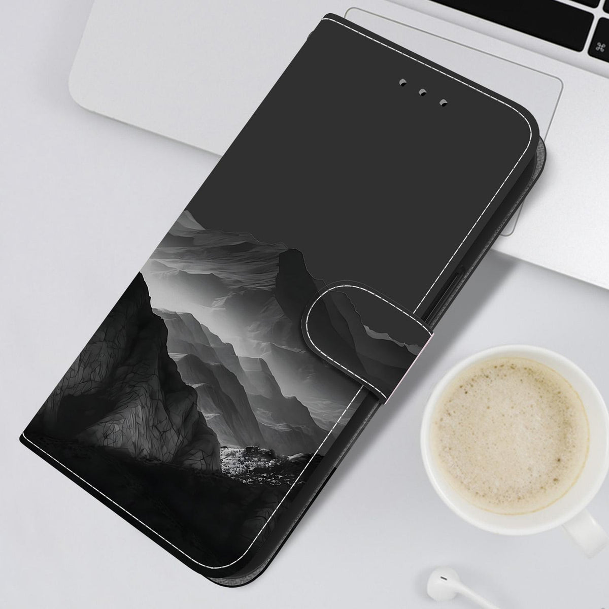 Compatible with iPhone 18 Pro Max Crystal-Texture Painted Vegan Leather Phone Case - Misty Ink Mountain