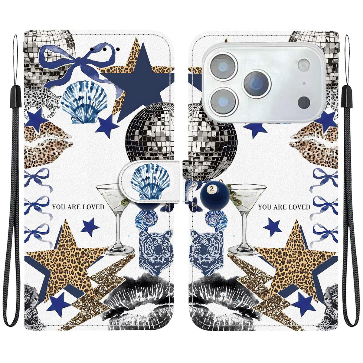 Compatible with iPhone 18 Pro Max Crystal-Texture Painted Vegan Leather Phone Case - Leopard Star Butterfly