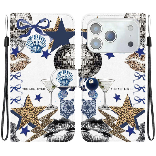 Compatible with iPhone 18 Pro Max Crystal-Texture Painted Vegan Leather Phone Case - Leopard Star Butterfly