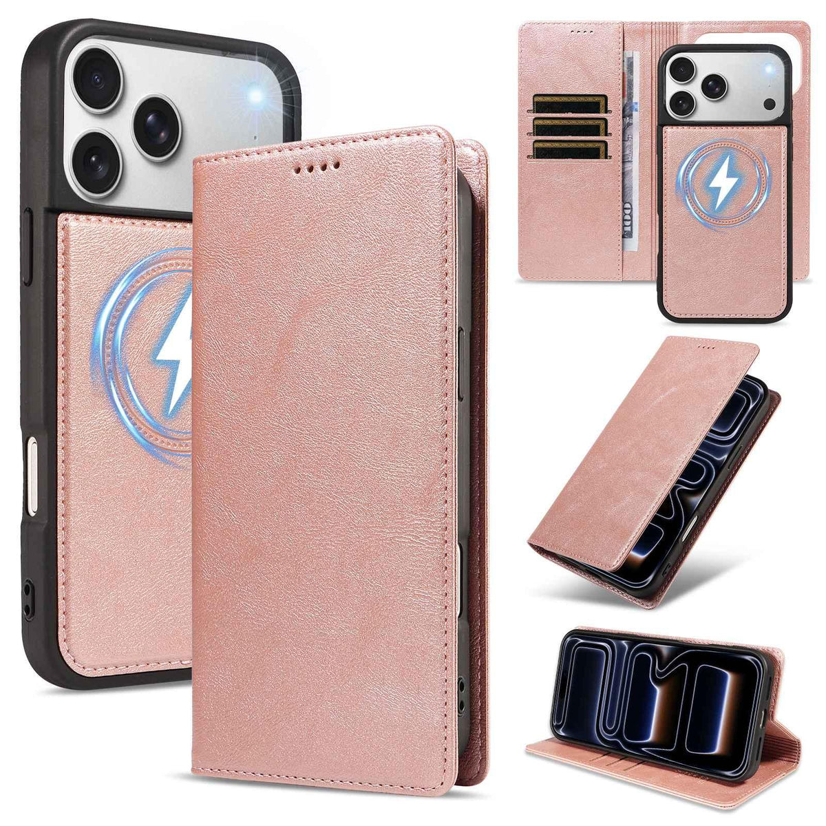 Compatible with iPhone 18 Pro Max Cowhide Leather Texture RFID Detachable 2 in 1 Magnetic Vegan Leather Phone Case - Rose Gold