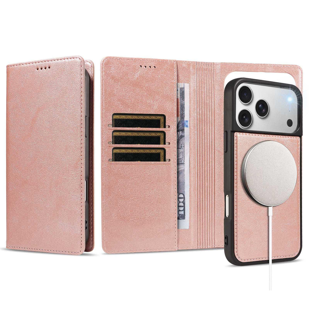 Compatible with iPhone 18 Pro Max Cowhide Leather Texture RFID Detachable 2 in 1 Magnetic Vegan Leather Phone Case - Rose Gold