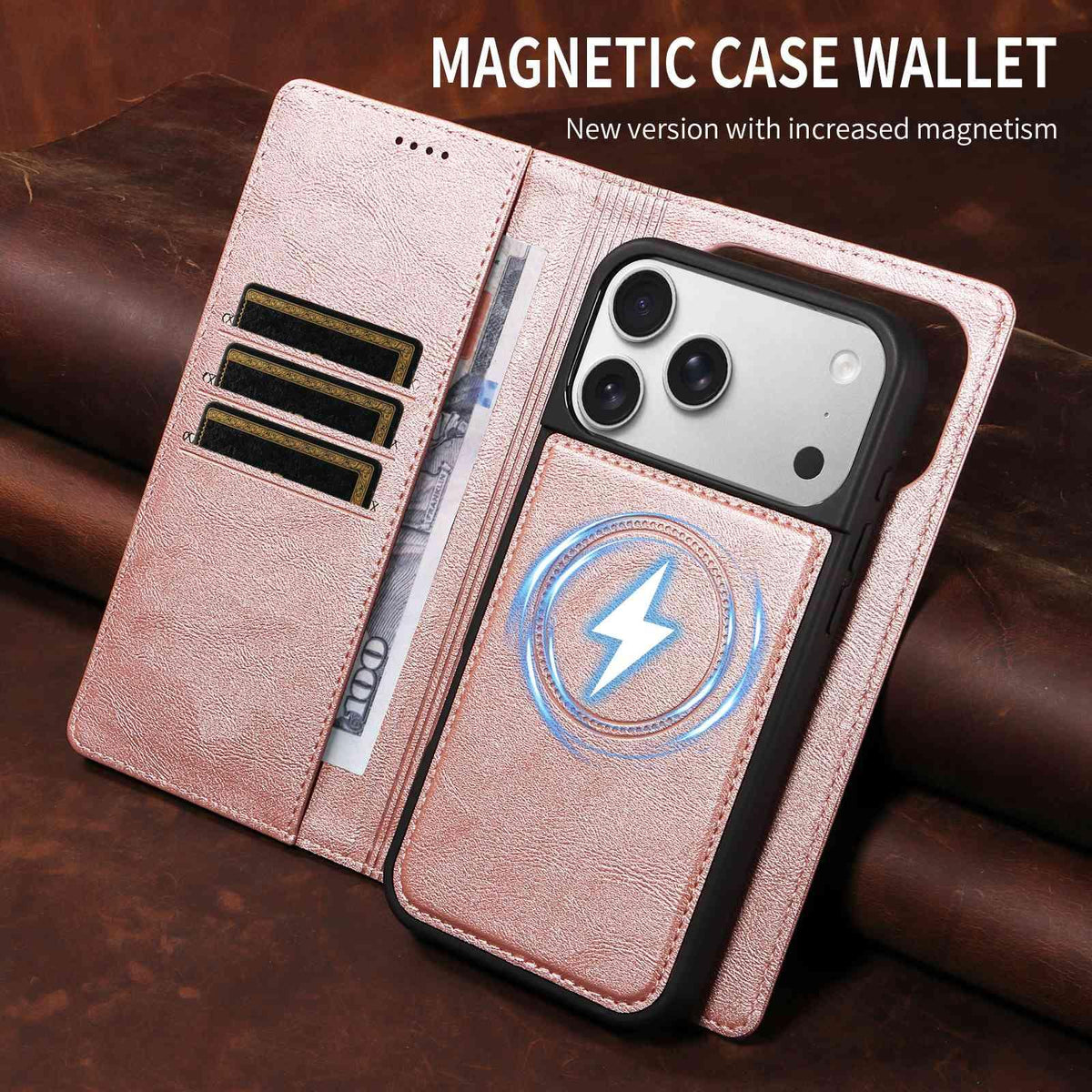 Compatible with iPhone 18 Pro Max Cowhide Leather Texture RFID Detachable 2 in 1 Magnetic Vegan Leather Phone Case - Rose Gold