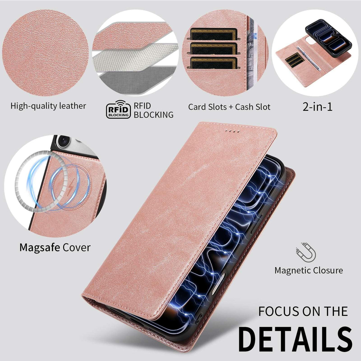 Compatible with iPhone 18 Pro Max Cowhide Leather Texture RFID Detachable 2 in 1 Magnetic Vegan Leather Phone Case - Rose Gold
