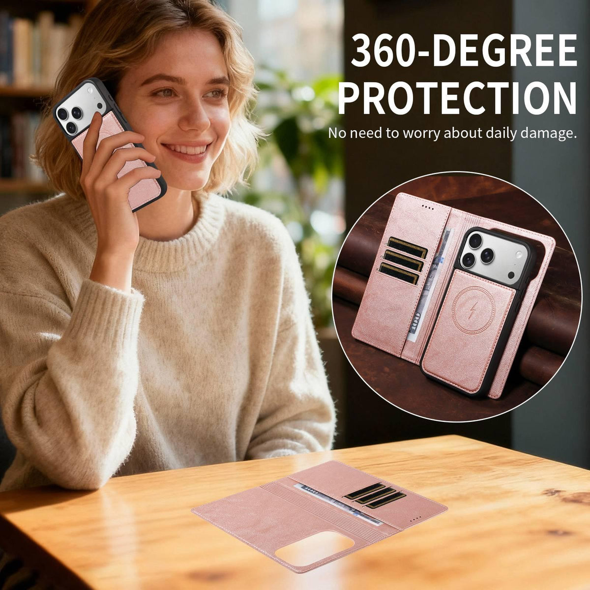 Compatible with iPhone 18 Pro Max Cowhide Leather Texture RFID Detachable 2 in 1 Magnetic Vegan Leather Phone Case - Rose Gold