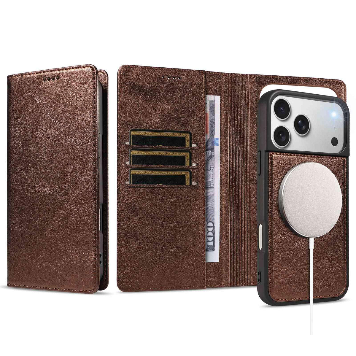 Compatible with iPhone 18 Pro Max Cowhide Leather Texture RFID Detachable 2 in 1 Magnetic Vegan Leather Phone Case - Brown