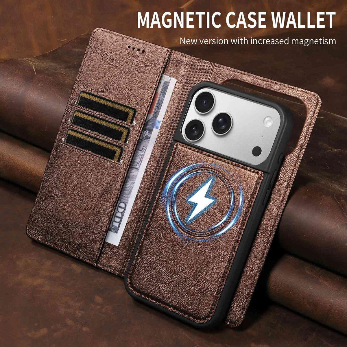Compatible with iPhone 18 Pro Max Cowhide Leather Texture RFID Detachable 2 in 1 Magnetic Vegan Leather Phone Case - Brown