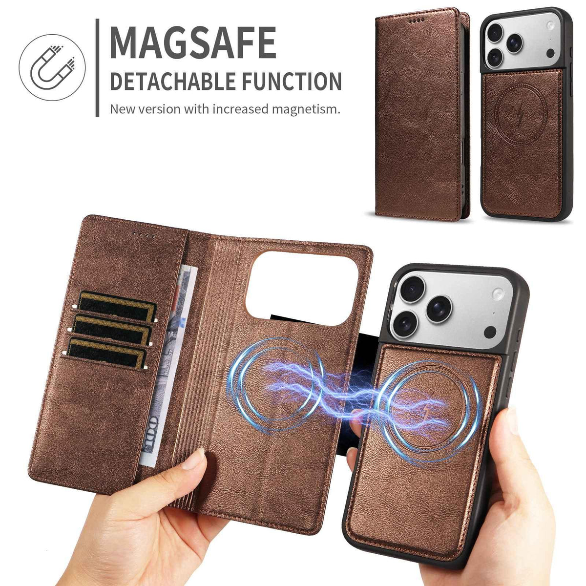 Compatible with iPhone 18 Pro Max Cowhide Leather Texture RFID Detachable 2 in 1 Magnetic Vegan Leather Phone Case - Brown