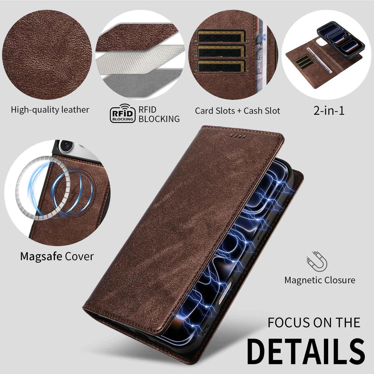 Compatible with iPhone 18 Pro Max Cowhide Leather Texture RFID Detachable 2 in 1 Magnetic Vegan Leather Phone Case - Brown
