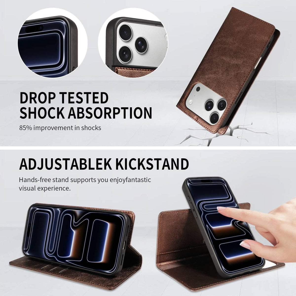 Compatible with iPhone 18 Pro Max Cowhide Leather Texture RFID Detachable 2 in 1 Magnetic Vegan Leather Phone Case - Brown