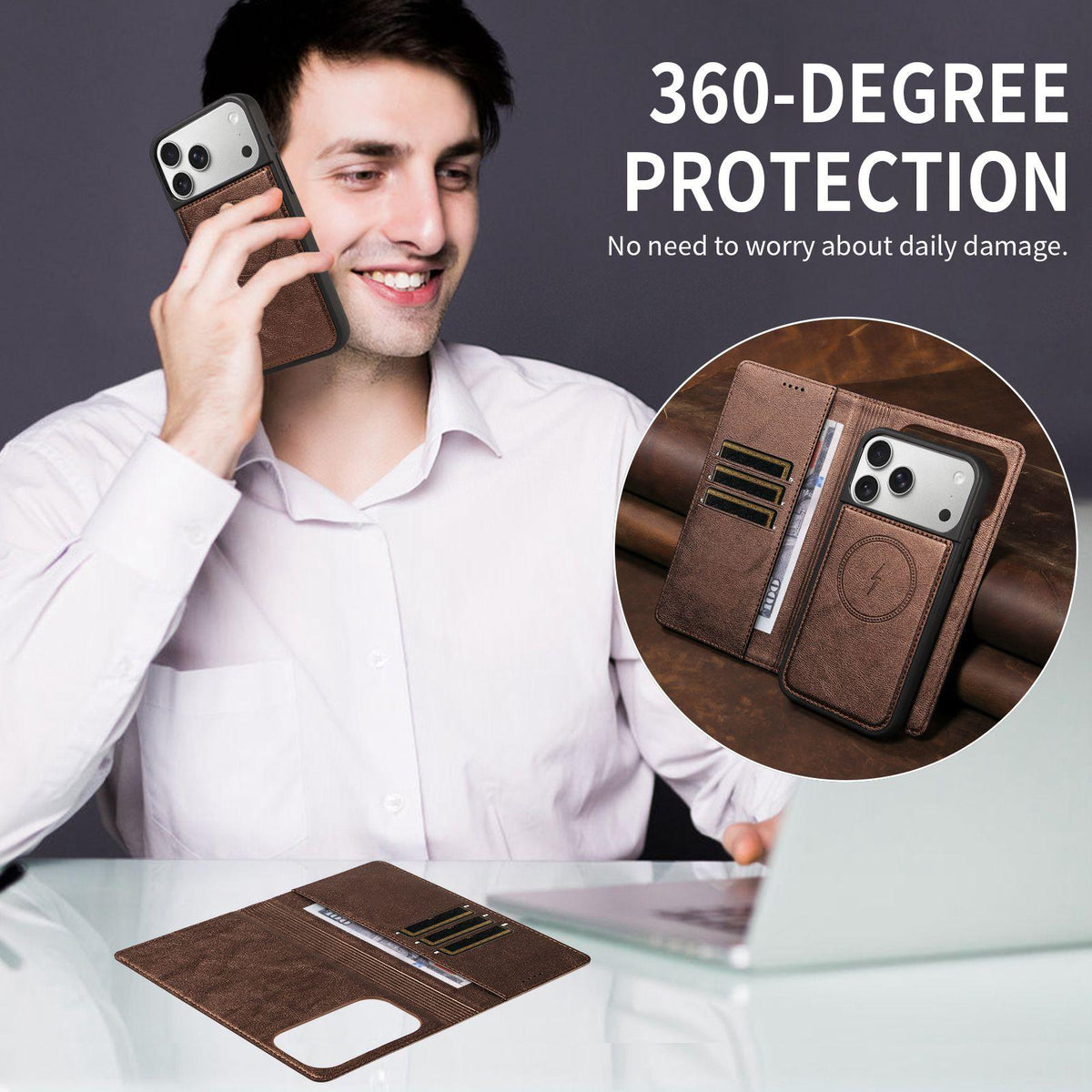 Compatible with iPhone 18 Pro Max Cowhide Leather Texture RFID Detachable 2 in 1 Magnetic Vegan Leather Phone Case - Brown