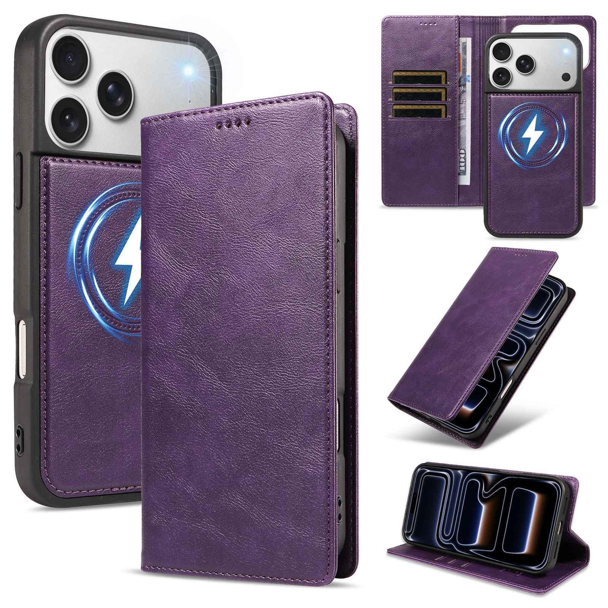 Compatible with iPhone 18 Pro Max Cowhide Leather Texture RFID Detachable 2 in 1 Magnetic Vegan Leather Phone Case - Purple