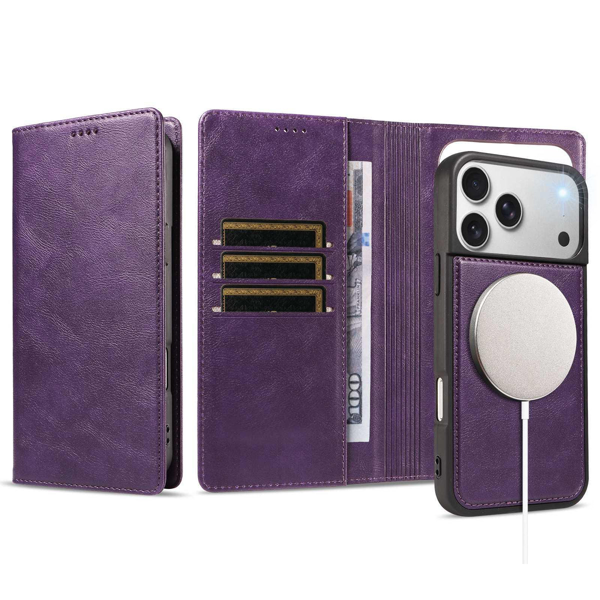 Compatible with iPhone 18 Pro Max Cowhide Leather Texture RFID Detachable 2 in 1 Magnetic Vegan Leather Phone Case - Purple