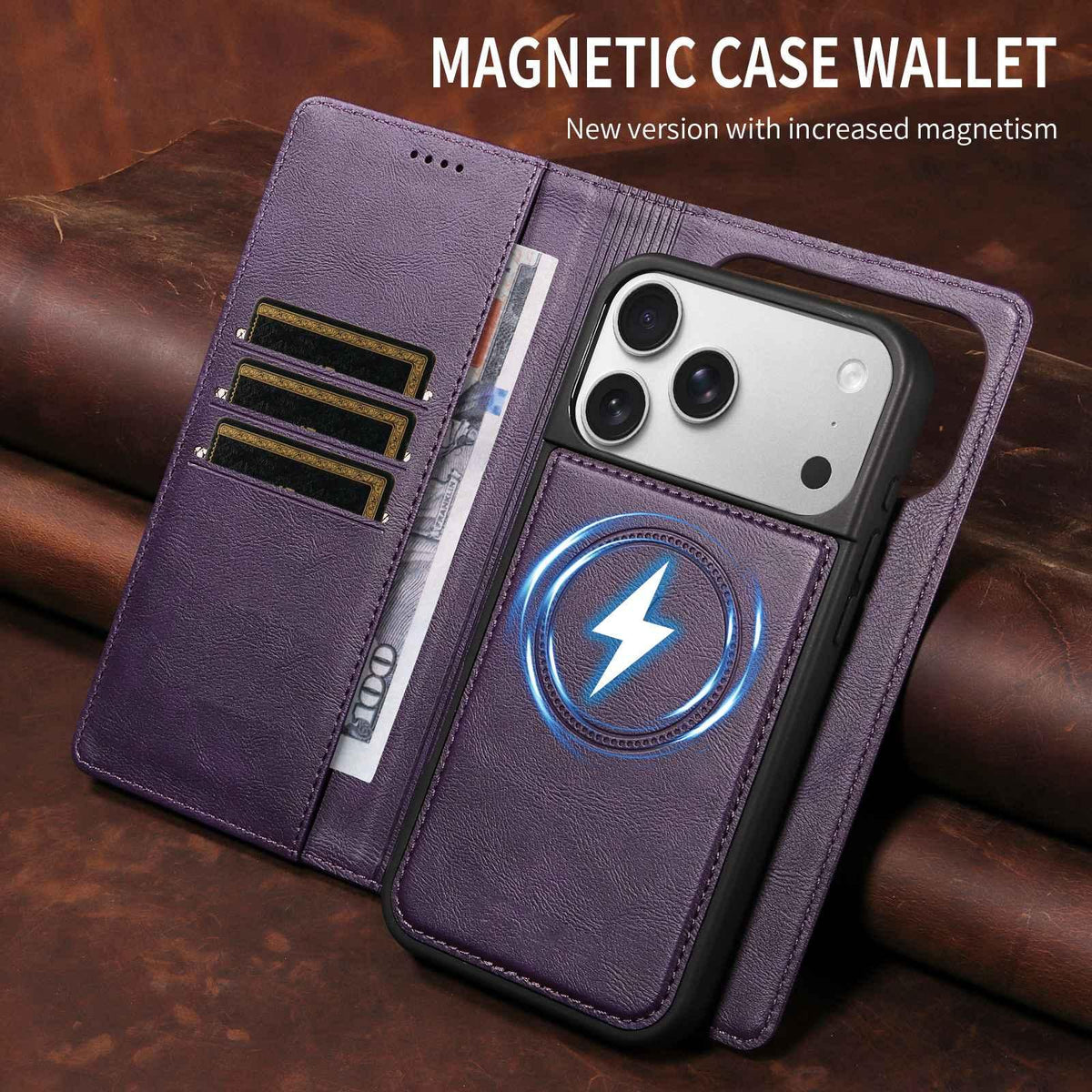 Compatible with iPhone 18 Pro Max Cowhide Leather Texture RFID Detachable 2 in 1 Magnetic Vegan Leather Phone Case - Purple