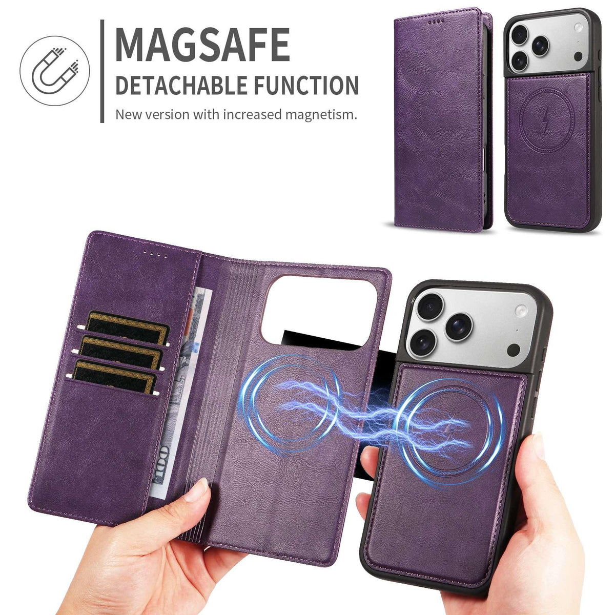 Compatible with iPhone 18 Pro Max Cowhide Leather Texture RFID Detachable 2 in 1 Magnetic Vegan Leather Phone Case - Purple