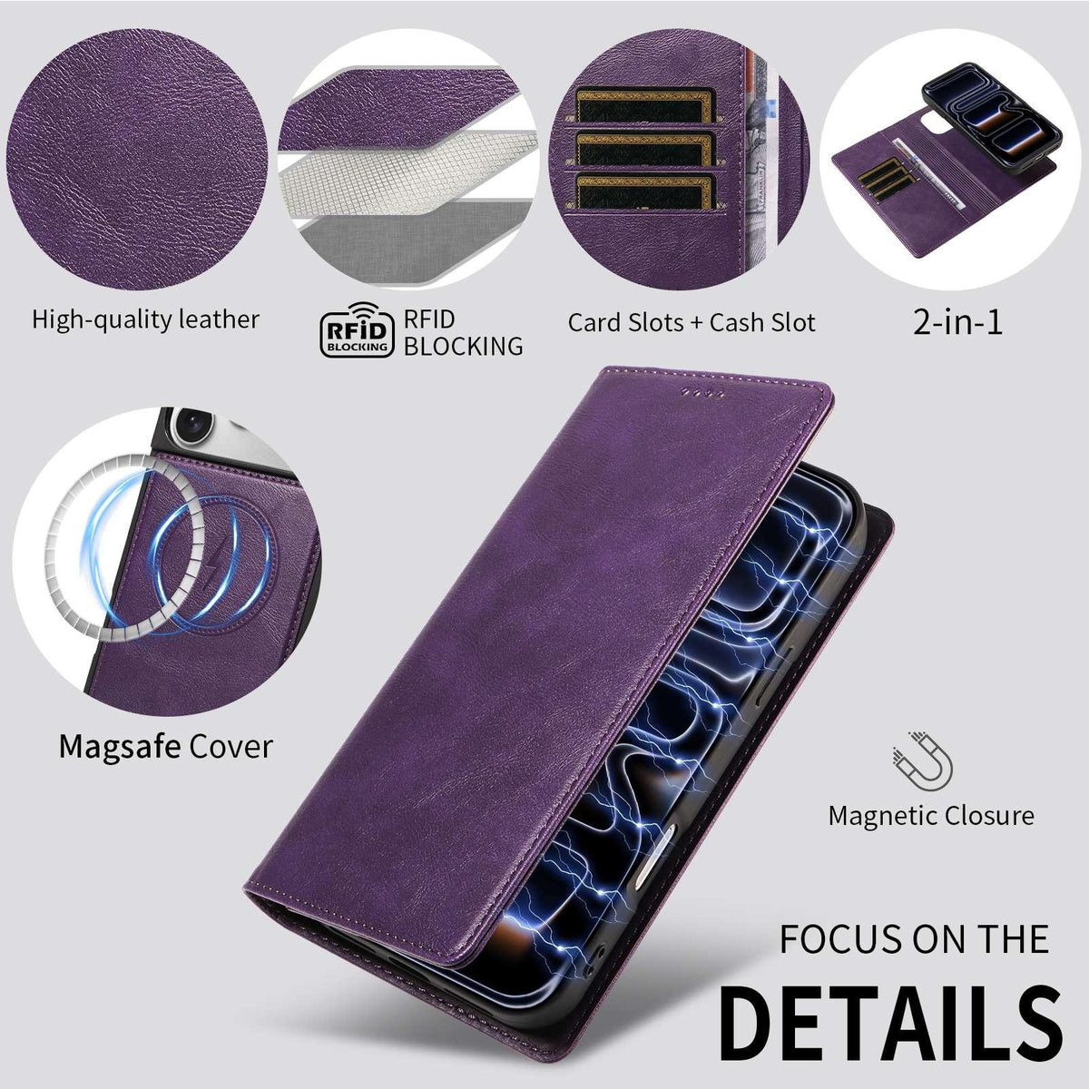 Compatible with iPhone 18 Pro Max Cowhide Leather Texture RFID Detachable 2 in 1 Magnetic Vegan Leather Phone Case - Purple