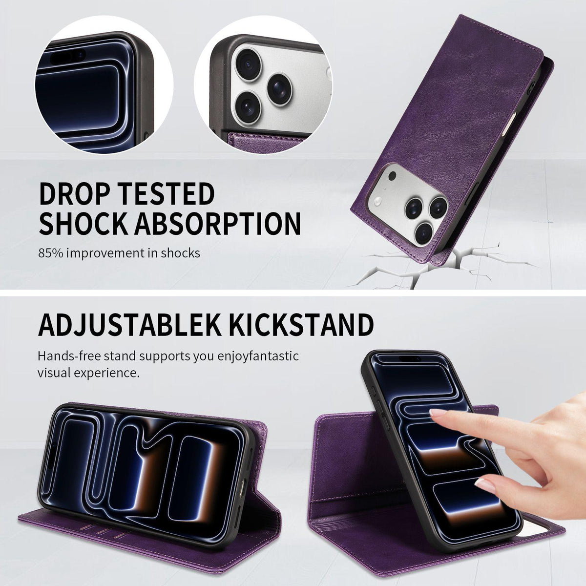 Compatible with iPhone 18 Pro Max Cowhide Leather Texture RFID Detachable 2 in 1 Magnetic Vegan Leather Phone Case - Purple