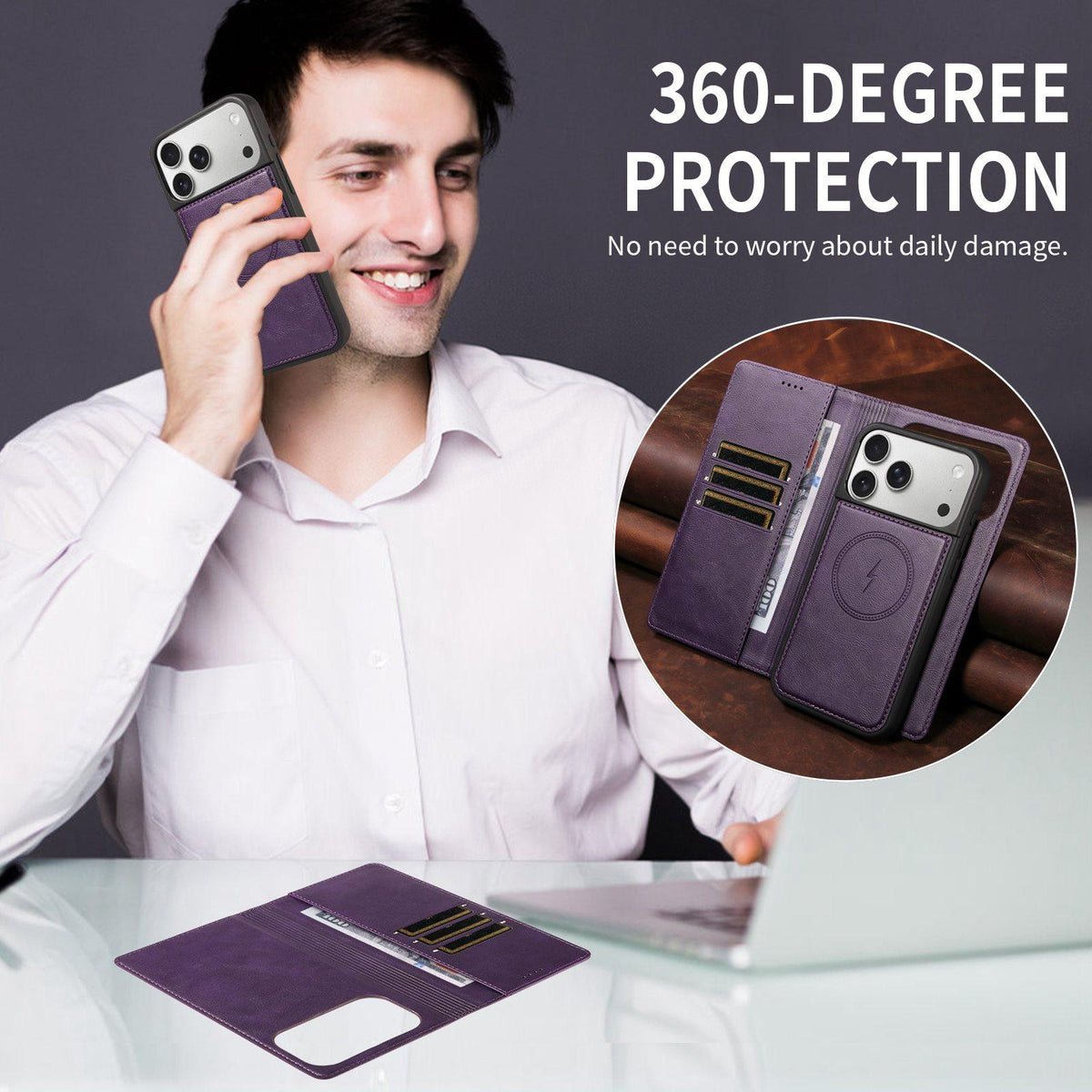Compatible with iPhone 18 Pro Max Cowhide Leather Texture RFID Detachable 2 in 1 Magnetic Vegan Leather Phone Case - Purple