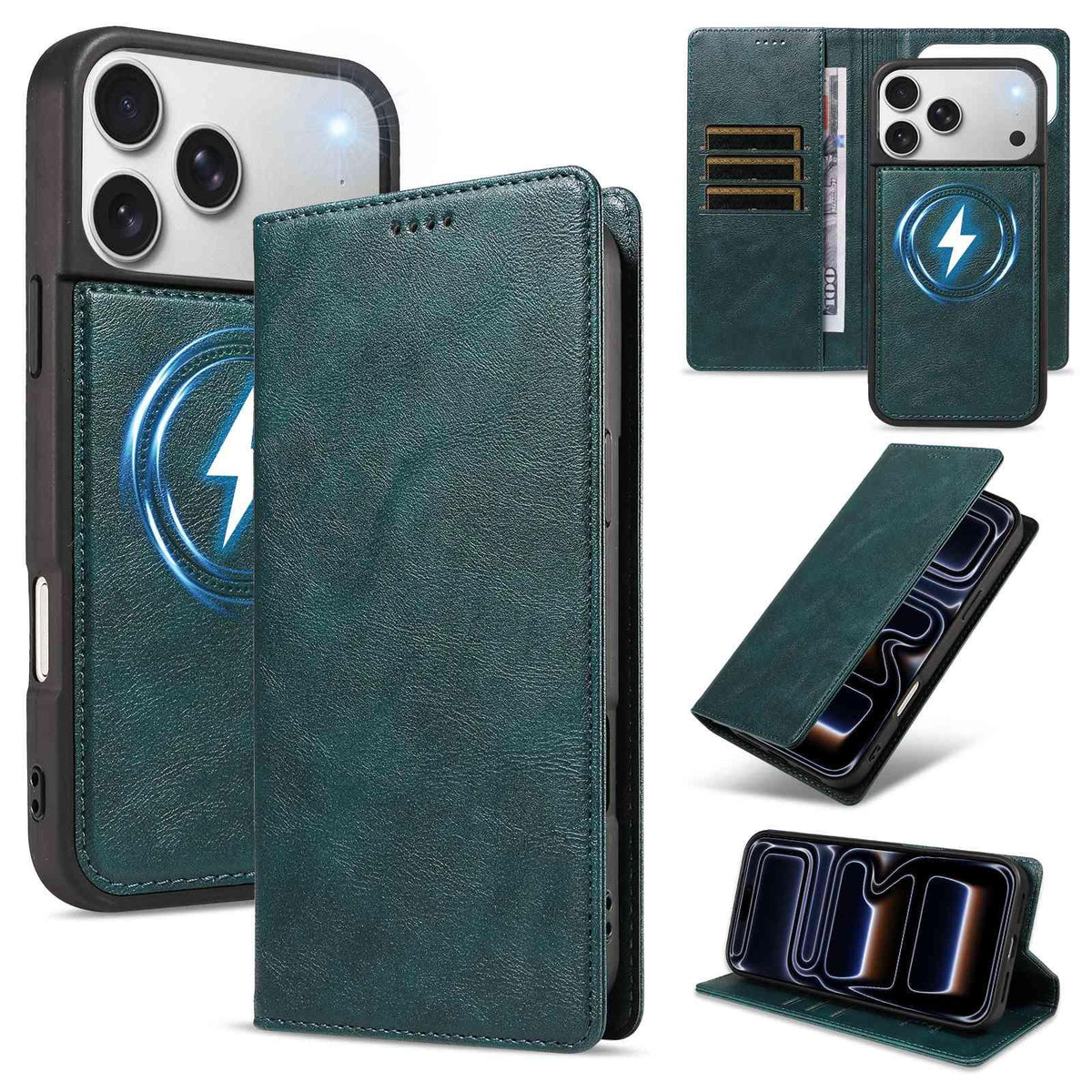 Compatible with iPhone 18 Pro Max Cowhide Leather Texture RFID Detachable 2 in 1 Magnetic Vegan Leather Phone Case - Green