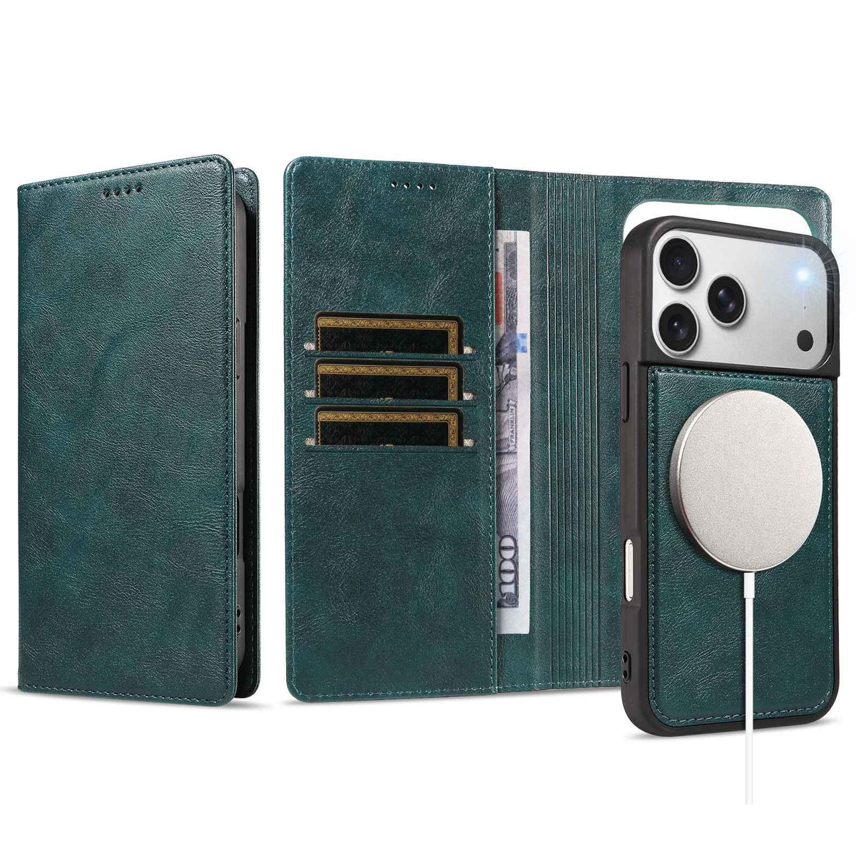 Compatible with iPhone 18 Pro Max Cowhide Leather Texture RFID Detachable 2 in 1 Magnetic Vegan Leather Phone Case - Green