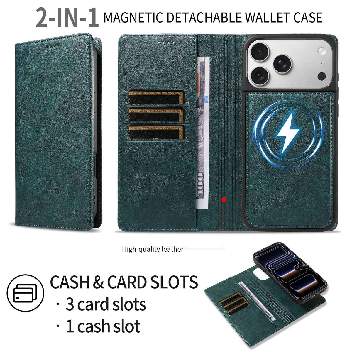 Compatible with iPhone 18 Pro Max Cowhide Leather Texture RFID Detachable 2 in 1 Magnetic Vegan Leather Phone Case - Green