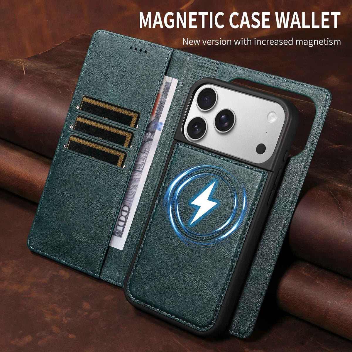 Compatible with iPhone 18 Pro Max Cowhide Leather Texture RFID Detachable 2 in 1 Magnetic Vegan Leather Phone Case - Green