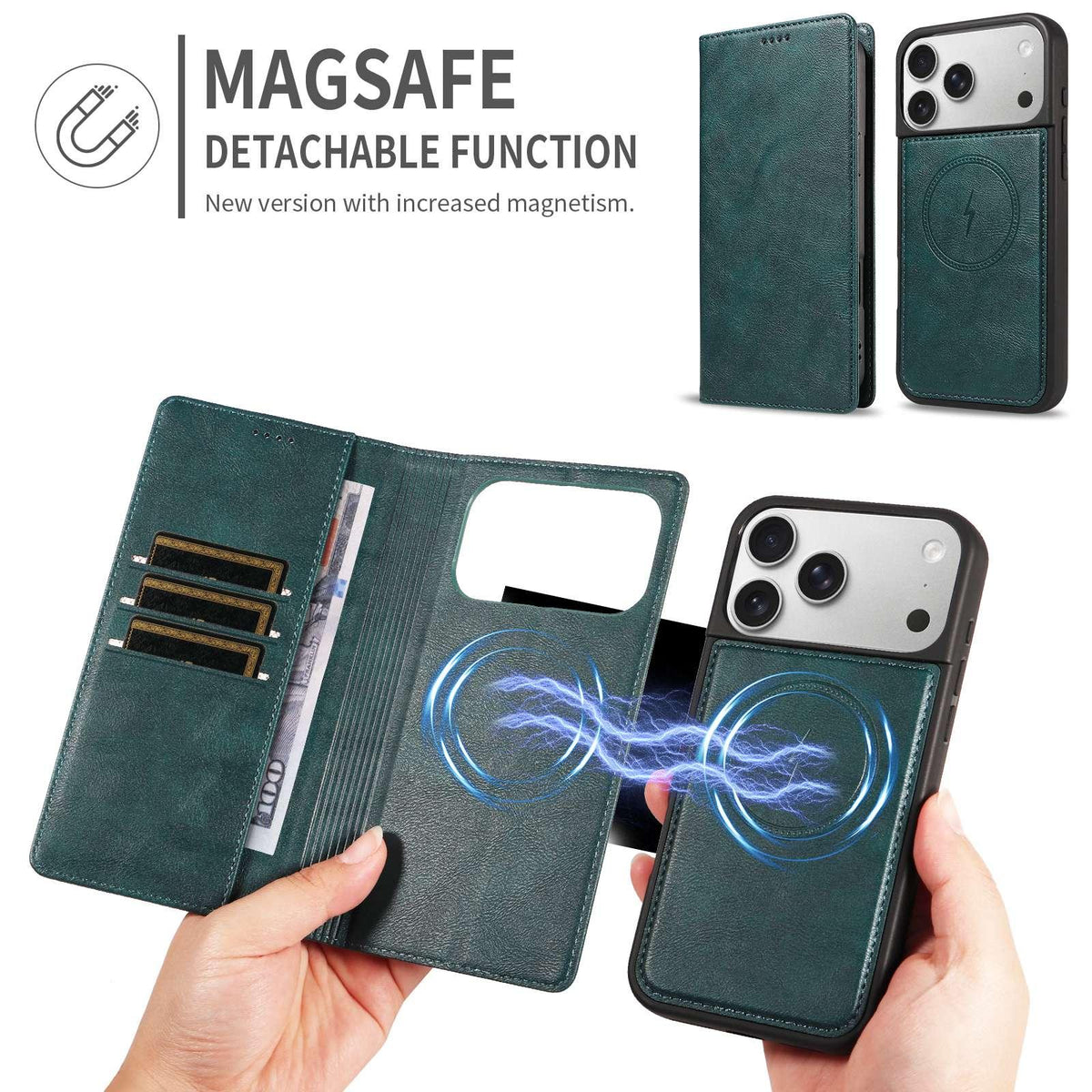 Compatible with iPhone 18 Pro Max Cowhide Leather Texture RFID Detachable 2 in 1 Magnetic Vegan Leather Phone Case - Green