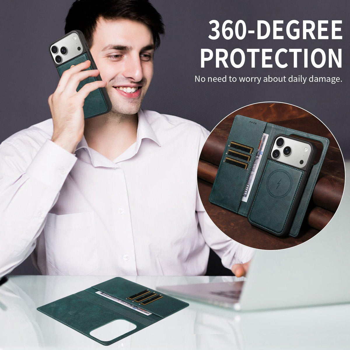 Compatible with iPhone 18 Pro Max Cowhide Leather Texture RFID Detachable 2 in 1 Magnetic Vegan Leather Phone Case - Green
