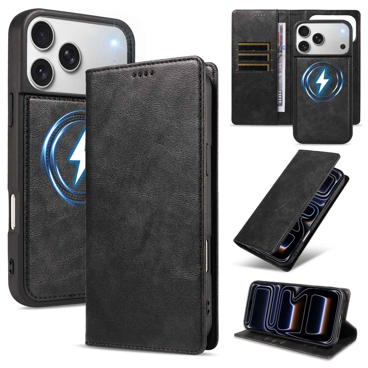 Compatible with iPhone 18 Pro Max Cowhide Leather Texture RFID Detachable 2 in 1 Magnetic Vegan Leather Phone Case - Black