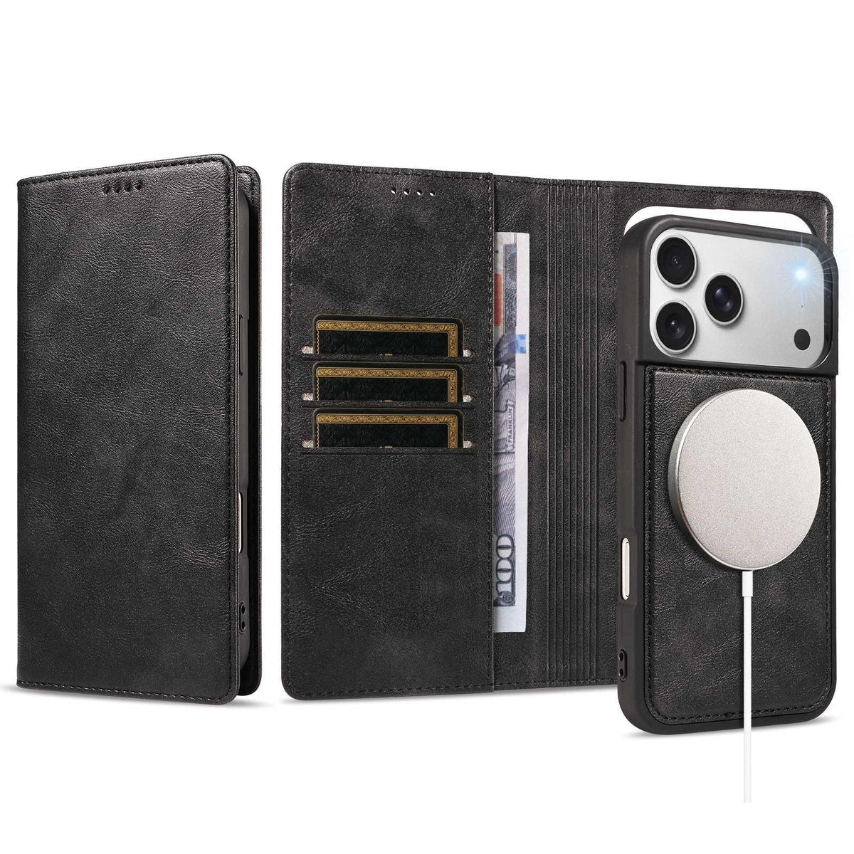 Compatible with iPhone 18 Pro Max Cowhide Leather Texture RFID Detachable 2 in 1 Magnetic Vegan Leather Phone Case - Black