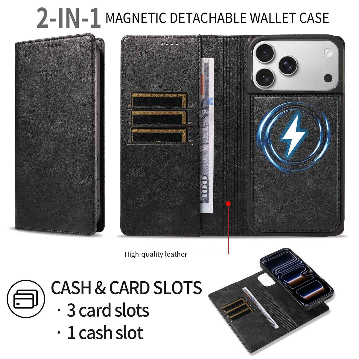 Compatible with iPhone 18 Pro Max Cowhide Leather Texture RFID Detachable 2 in 1 Magnetic Vegan Leather Phone Case - Black