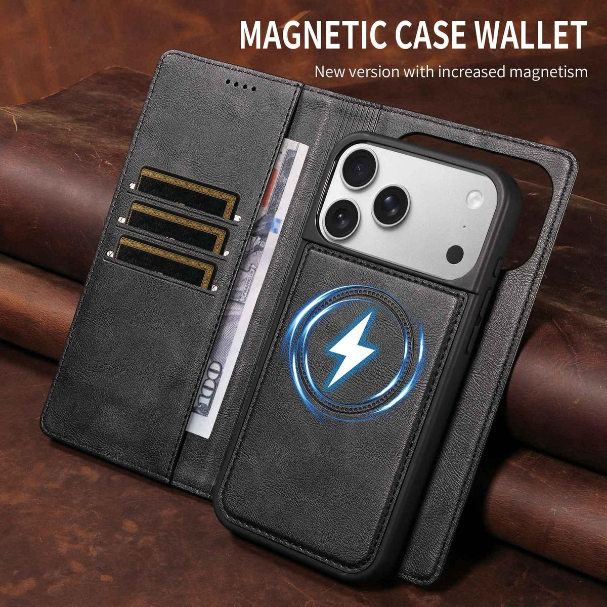 Compatible with iPhone 18 Pro Max Cowhide Leather Texture RFID Detachable 2 in 1 Magnetic Vegan Leather Phone Case - Black