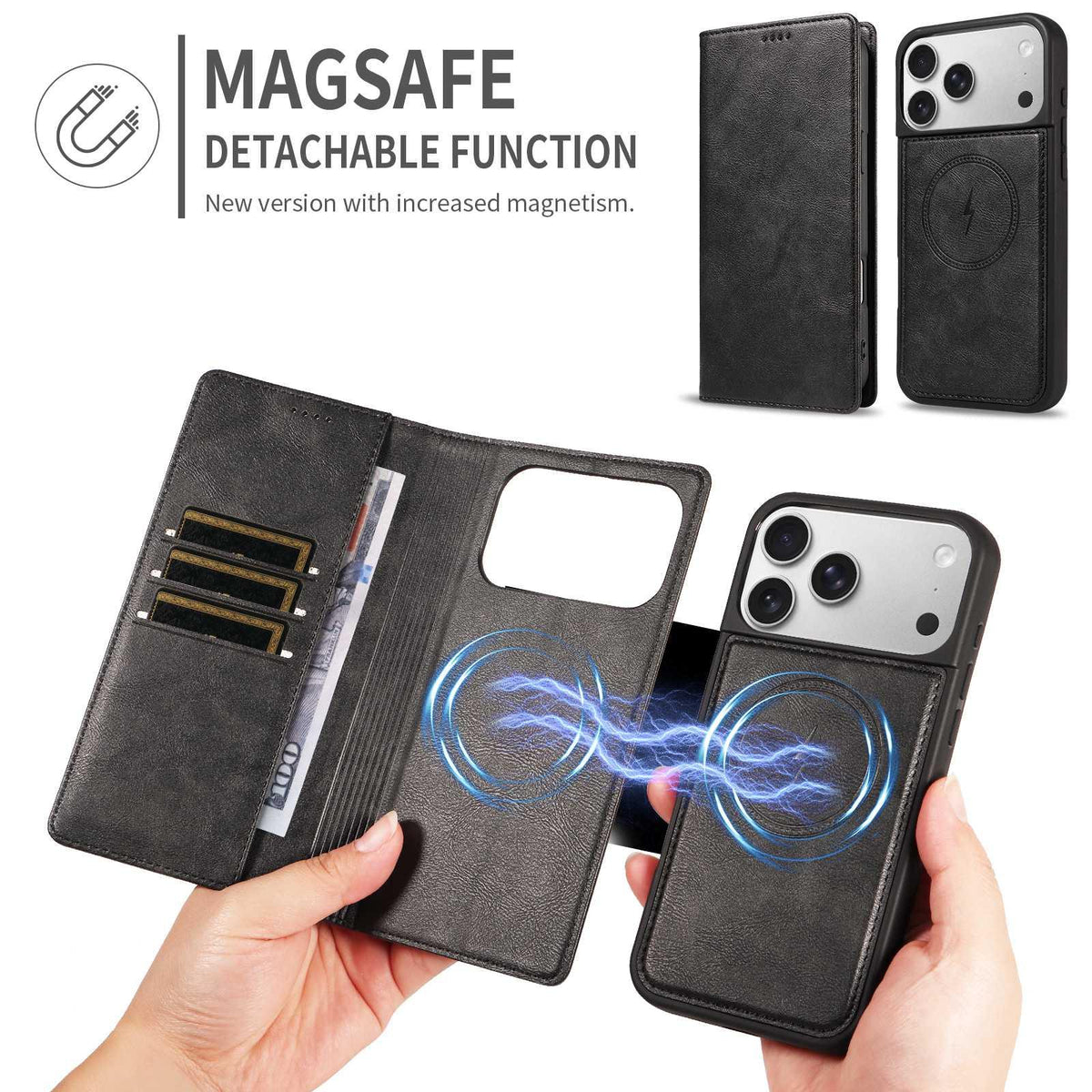 Compatible with iPhone 18 Pro Max Cowhide Leather Texture RFID Detachable 2 in 1 Magnetic Vegan Leather Phone Case - Black