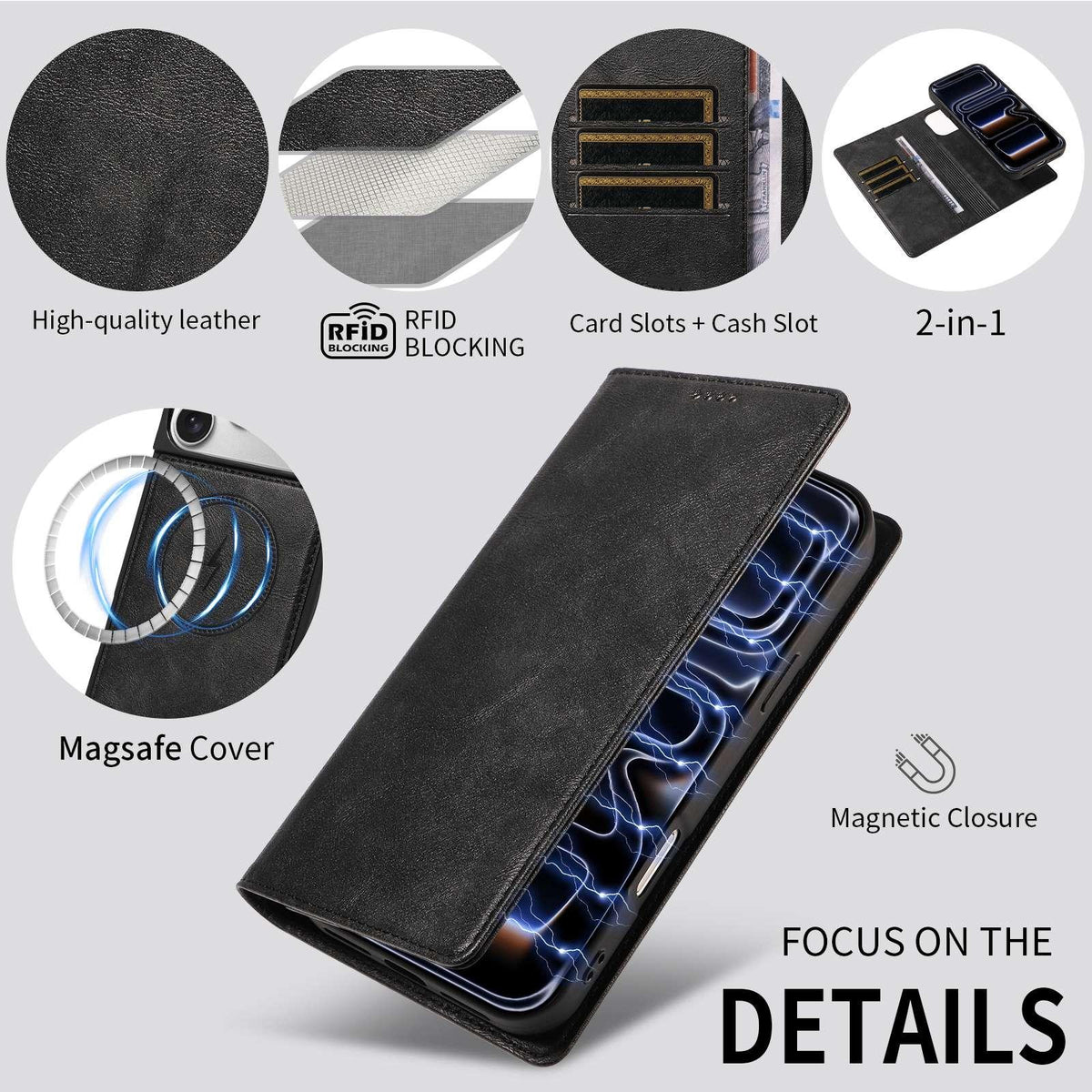 Compatible with iPhone 18 Pro Max Cowhide Leather Texture RFID Detachable 2 in 1 Magnetic Vegan Leather Phone Case - Black