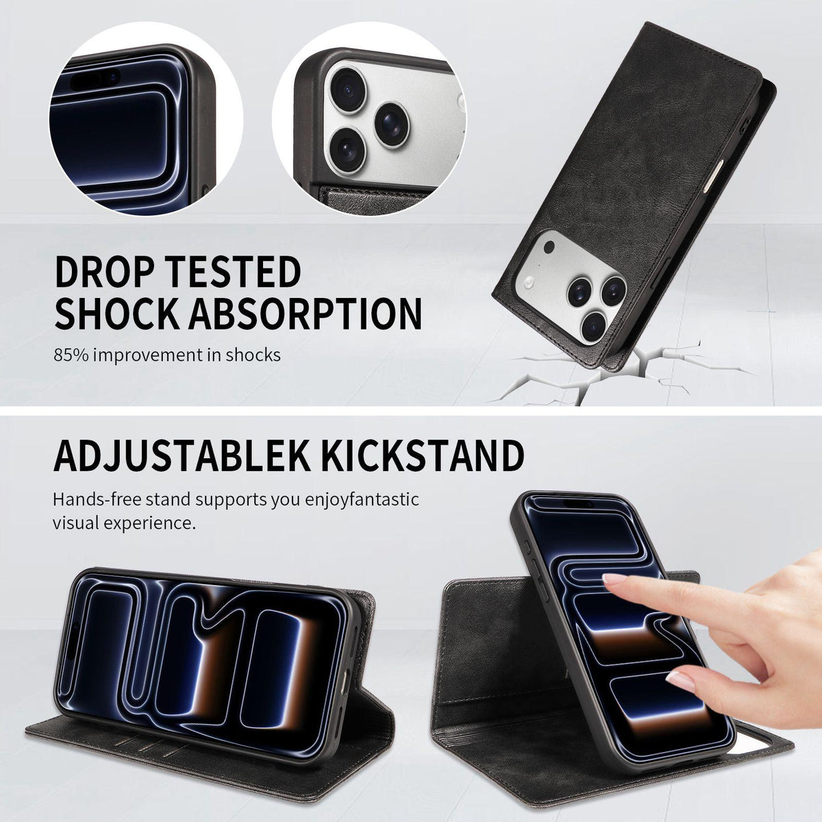 Compatible with iPhone 18 Pro Max Cowhide Leather Texture RFID Detachable 2 in 1 Magnetic Vegan Leather Phone Case - Black