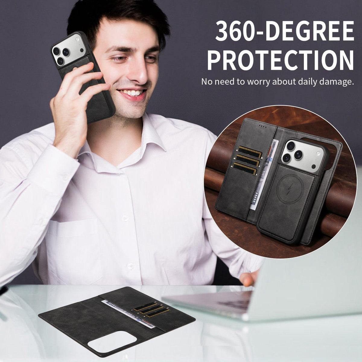 Compatible with iPhone 18 Pro Max Cowhide Leather Texture RFID Detachable 2 in 1 Magnetic Vegan Leather Phone Case - Black
