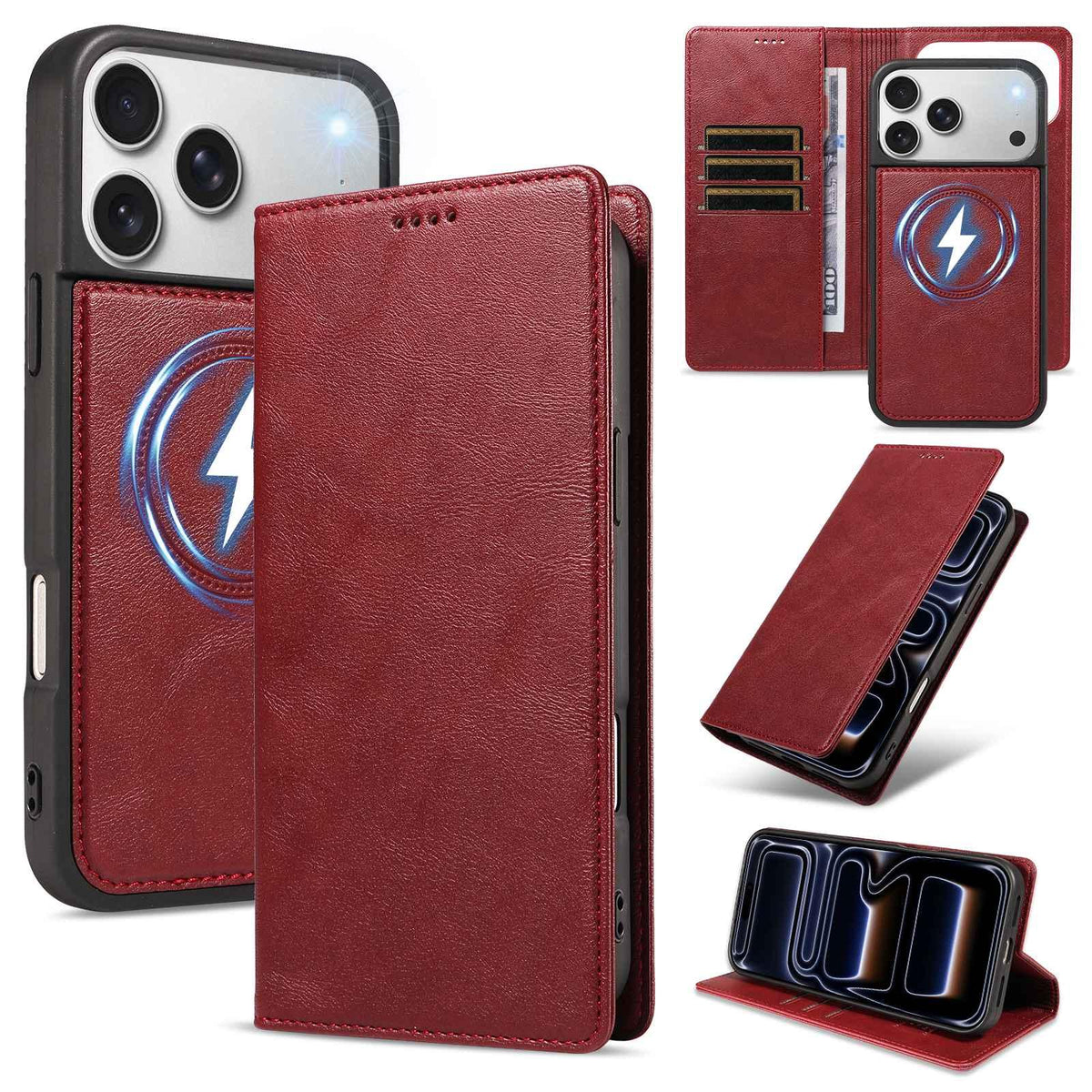 Compatible with iPhone 18 Pro Max Cowhide Leather Texture RFID Detachable 2 in 1 Magnetic Vegan Leather Phone Case - Red