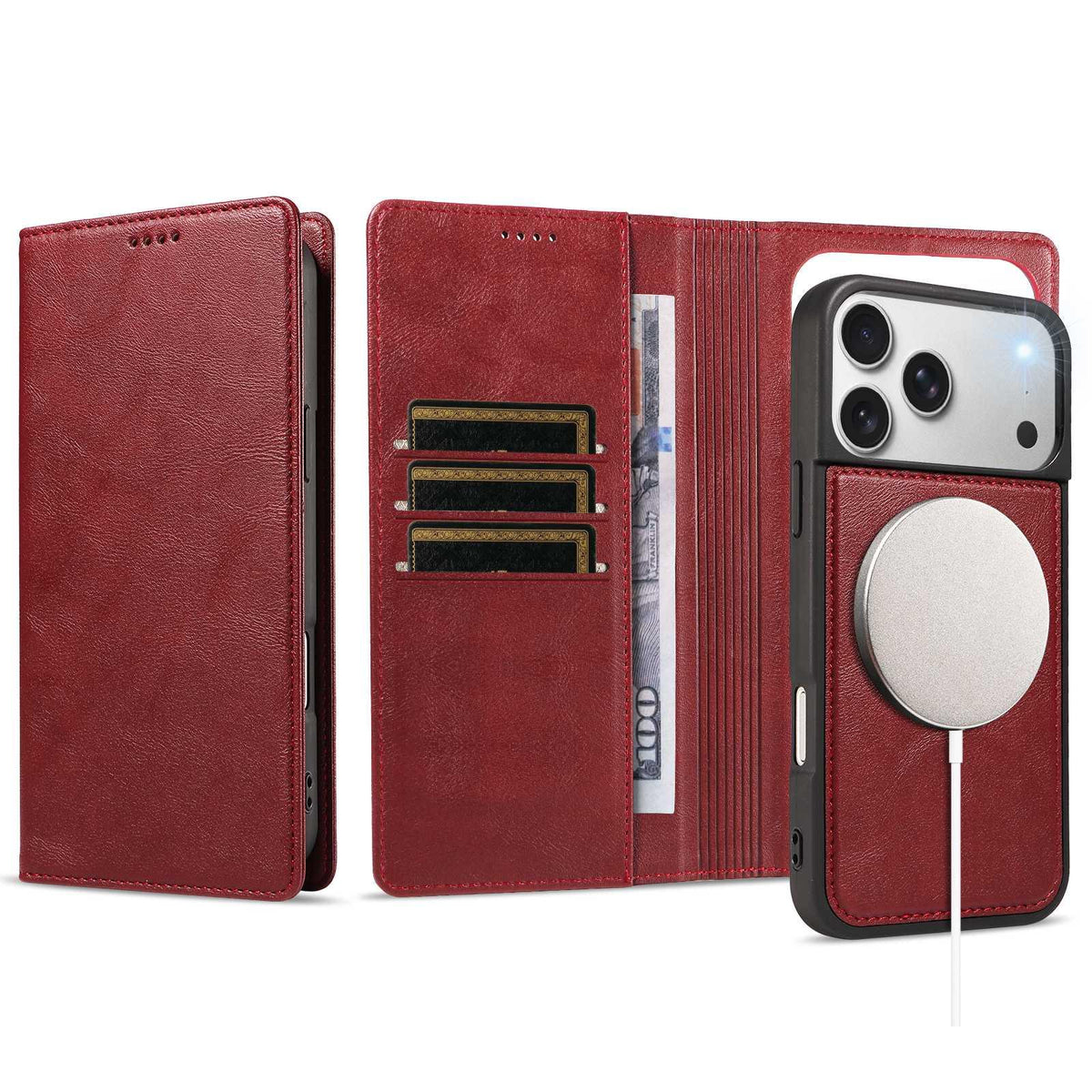 Compatible with iPhone 18 Pro Max Cowhide Leather Texture RFID Detachable 2 in 1 Magnetic Vegan Leather Phone Case - Red