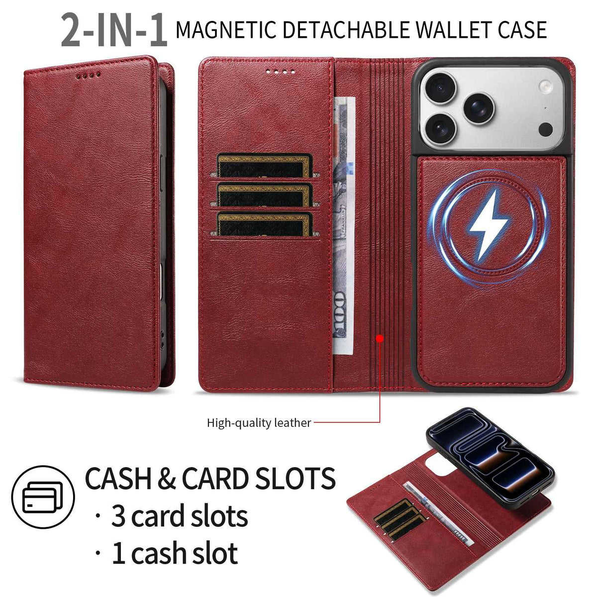 Compatible with iPhone 18 Pro Max Cowhide Leather Texture RFID Detachable 2 in 1 Magnetic Vegan Leather Phone Case - Red
