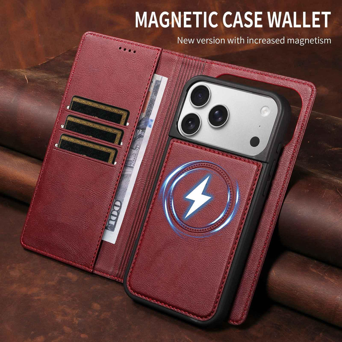 Compatible with iPhone 18 Pro Max Cowhide Leather Texture RFID Detachable 2 in 1 Magnetic Vegan Leather Phone Case - Red