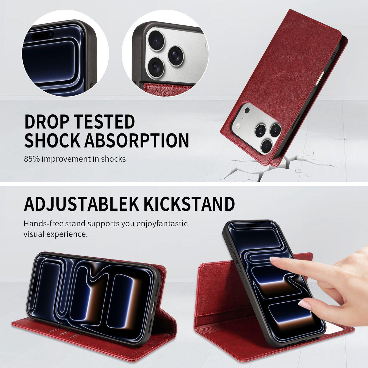 Compatible with iPhone 18 Pro Max Cowhide Leather Texture RFID Detachable 2 in 1 Magnetic Vegan Leather Phone Case - Red