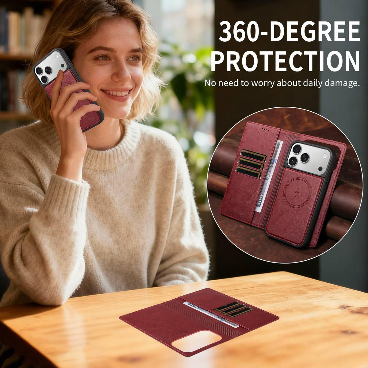 Compatible with iPhone 18 Pro Max Cowhide Leather Texture RFID Detachable 2 in 1 Magnetic Vegan Leather Phone Case - Red