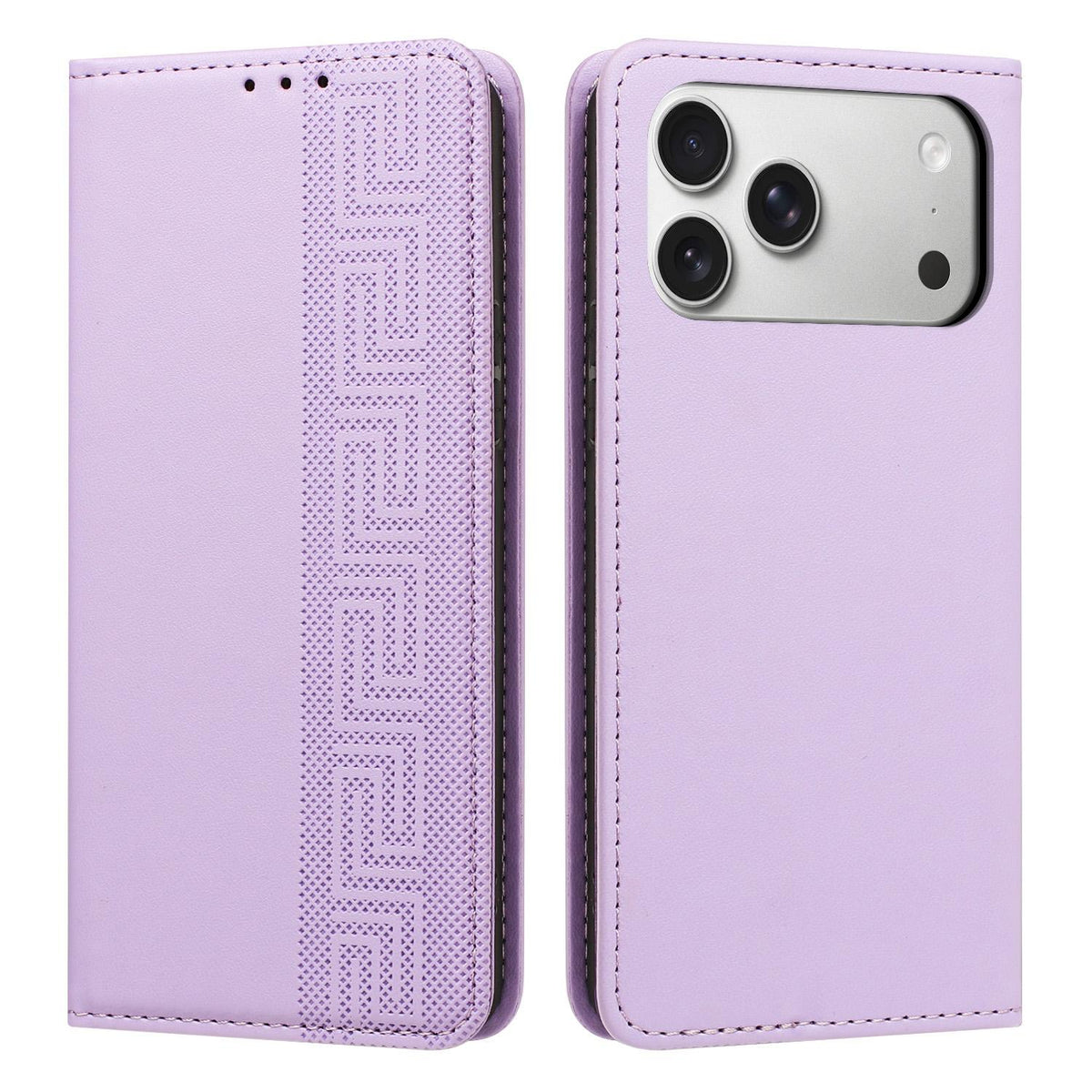 Compatible with iPhone 18 Pro Embossed Meander Pattern RFID Vegan Leather Phone Case - Light Purple