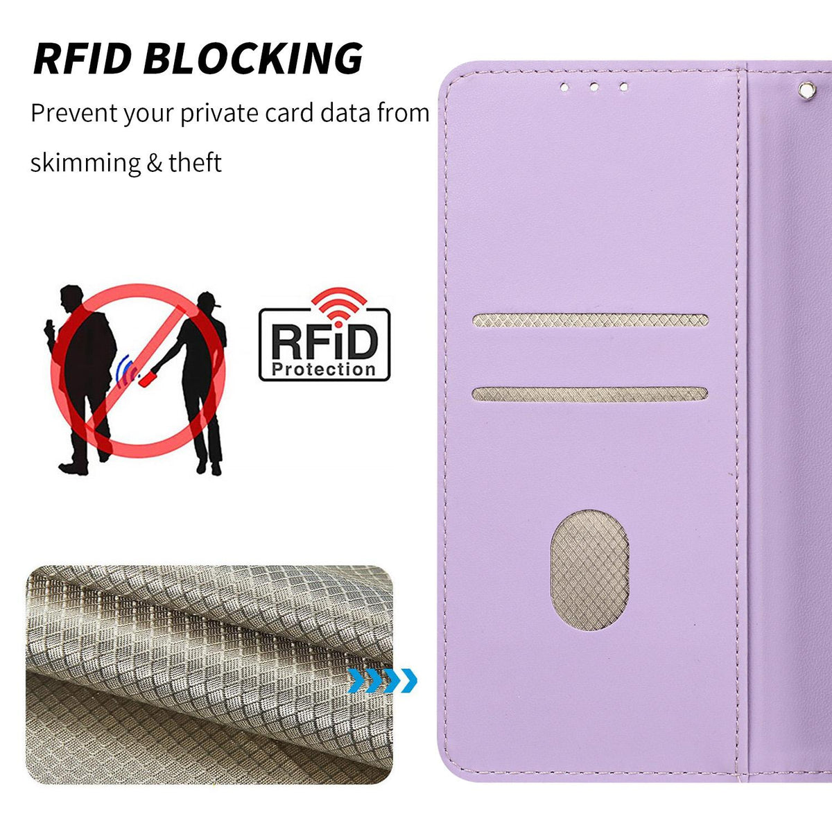 Compatible with iPhone 18 Pro Embossed Meander Pattern RFID Vegan Leather Phone Case - Light Purple