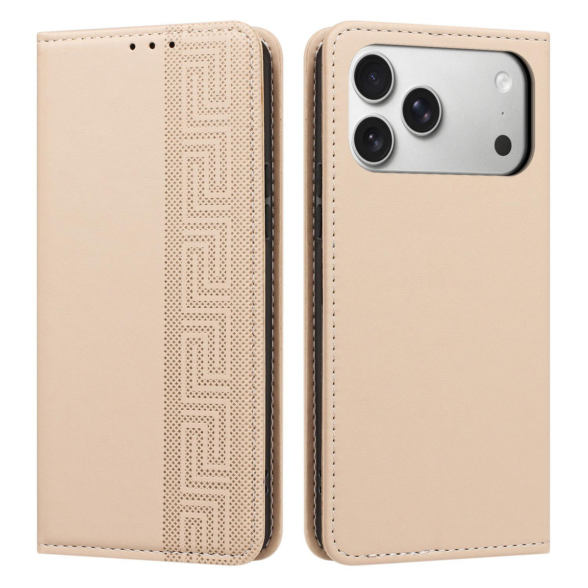 Compatible with iPhone 18 Pro Embossed Meander Pattern RFID Vegan Leather Phone Case - Beige