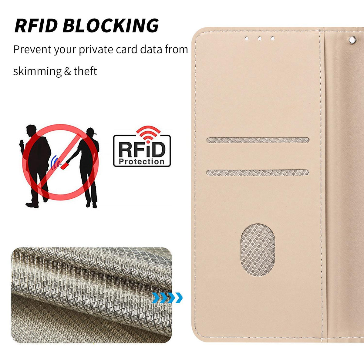 Compatible with iPhone 18 Pro Embossed Meander Pattern RFID Vegan Leather Phone Case - Beige