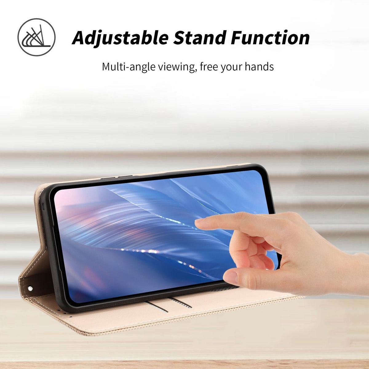 Compatible with iPhone 18 Pro Embossed Meander Pattern RFID Vegan Leather Phone Case - Beige