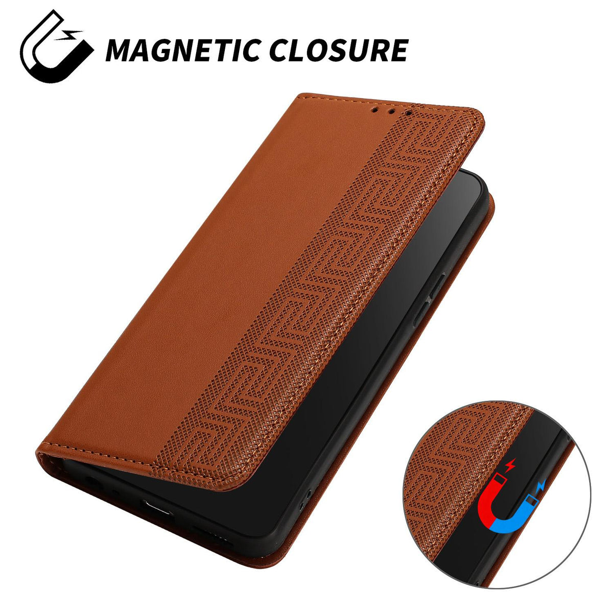 Compatible with iPhone 18 Pro Embossed Meander Pattern RFID Vegan Leather Phone Case - Brown