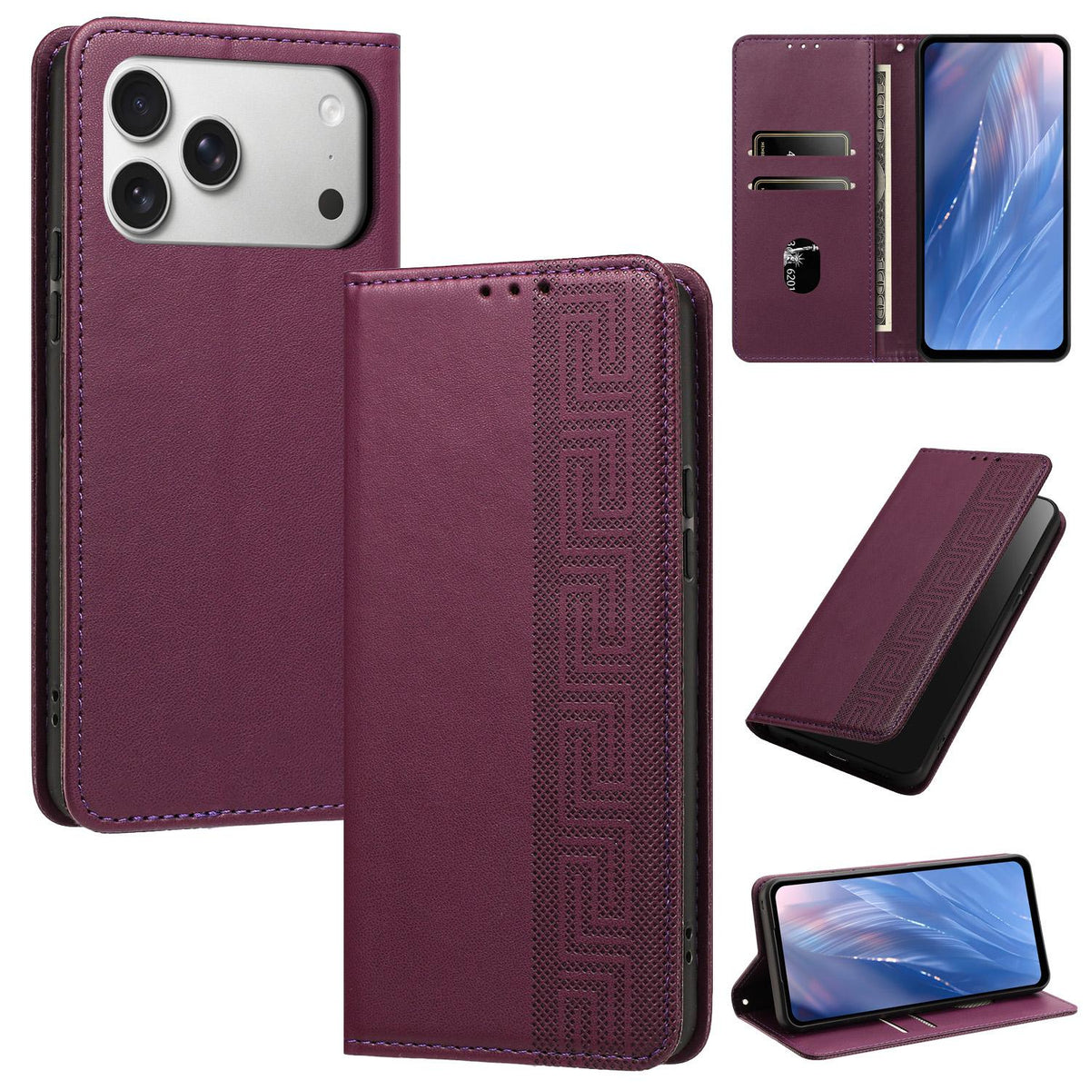 Compatible with iPhone 18 Pro Embossed Meander Pattern RFID Vegan Leather Phone Case - Dark Purple